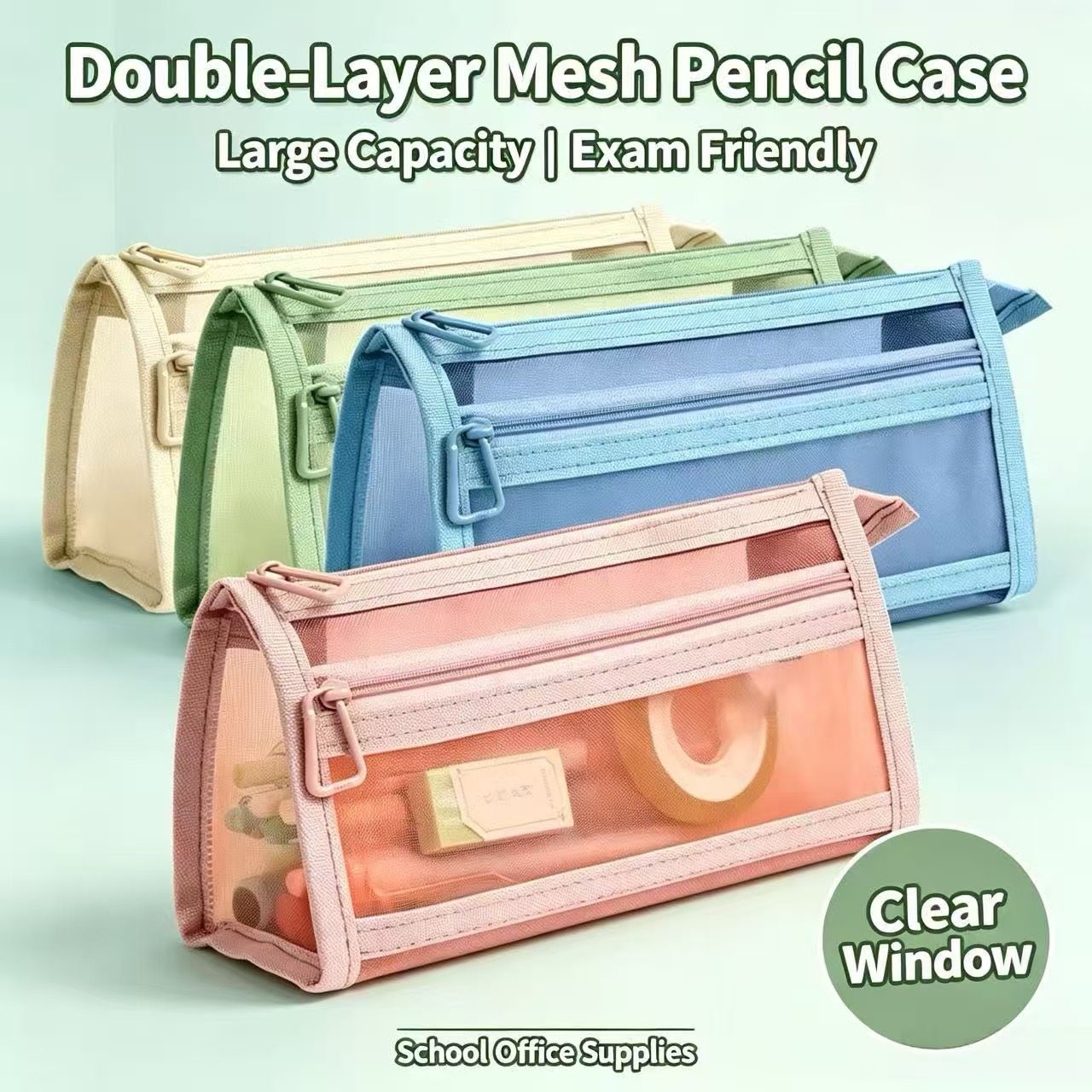 Clear Mesh Pencil Pouch For Exam - Astuccio a doppio strato in rete